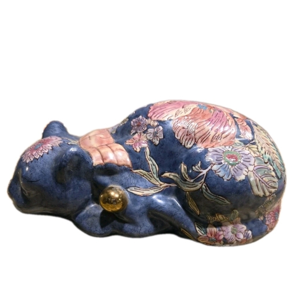 Vintage Asian Sleeping Cat 10” Porcelain Figurine Hand Painted Pink Florals MCM